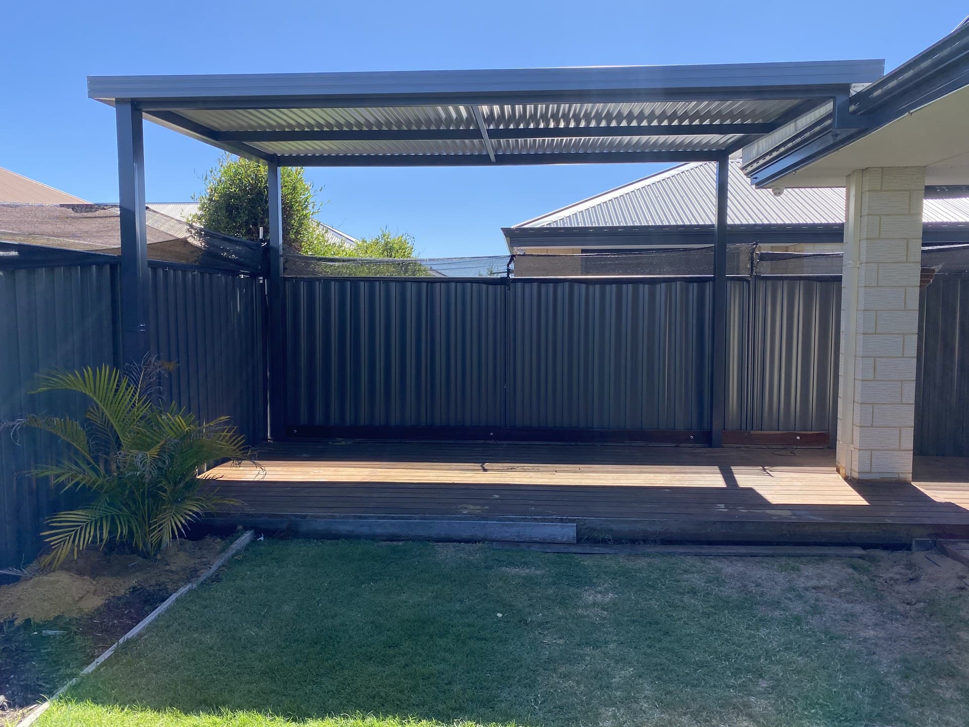 Skillion patio with alfresco brick paving in a Perth backyard