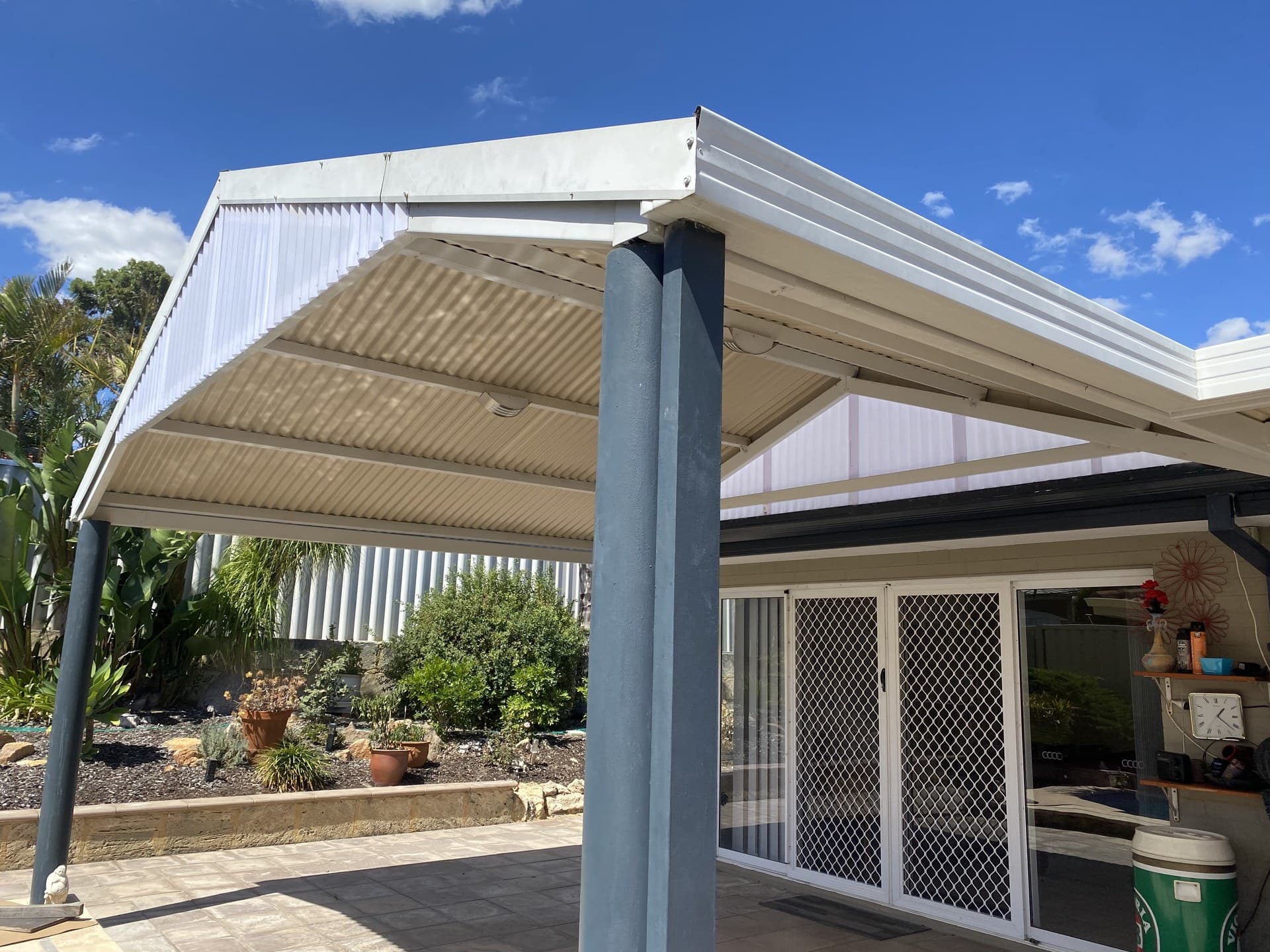 Steel gable patio with exposed framework and corrugated roofing in Perth